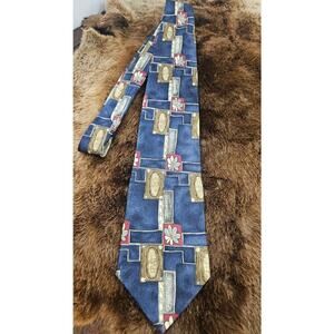 Mens Silk Tie Blue Plaid Floral Geometric Pattern Necktie